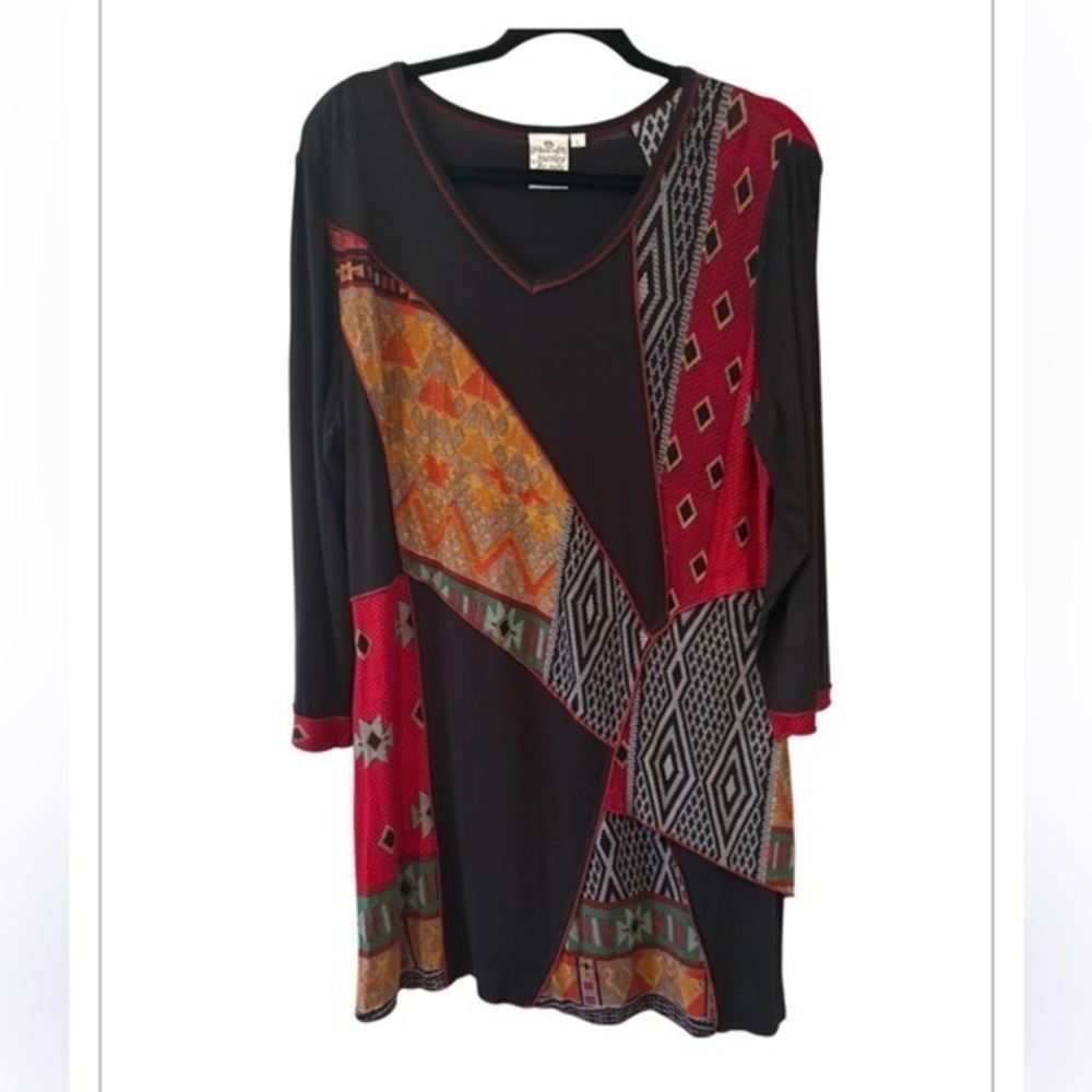 Parsley & Sage Tunic Top 3/4 Sleeve Boho Patchwork Art To Wear Multicolor Size L
